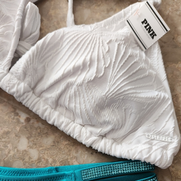 SDD MDD LDD VS PINK Swim Scrunchie Triangle Bikini Top White - Picture 3 of 4